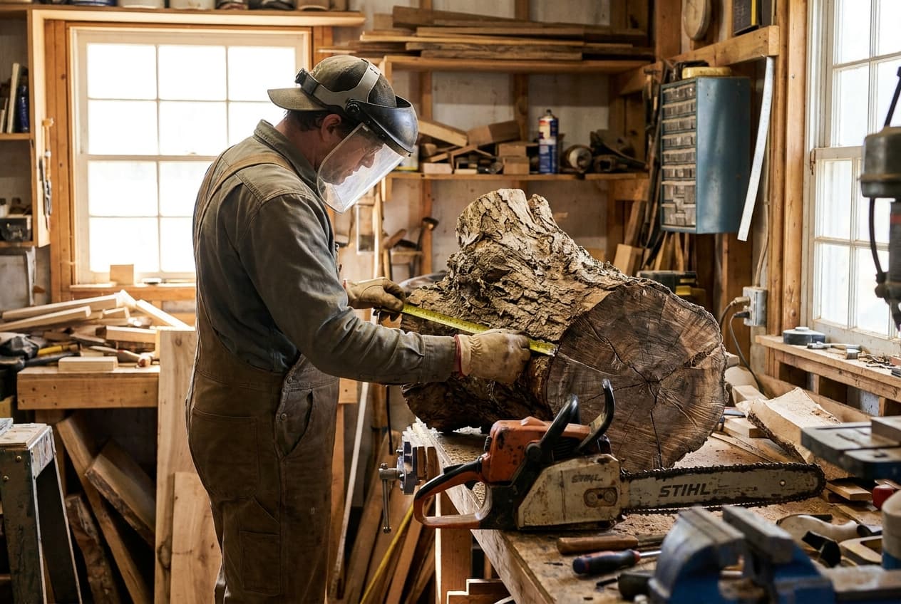 Arborist checking a trunk with a clipboard and a diameter tape.